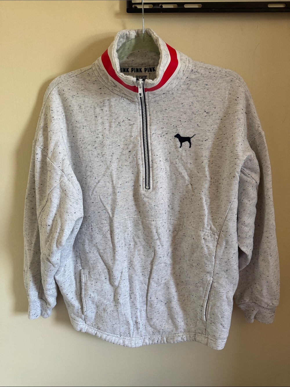 Victoria's Secret PINK Light Heather Gray Quarter-Zip Pullover with Red Trim